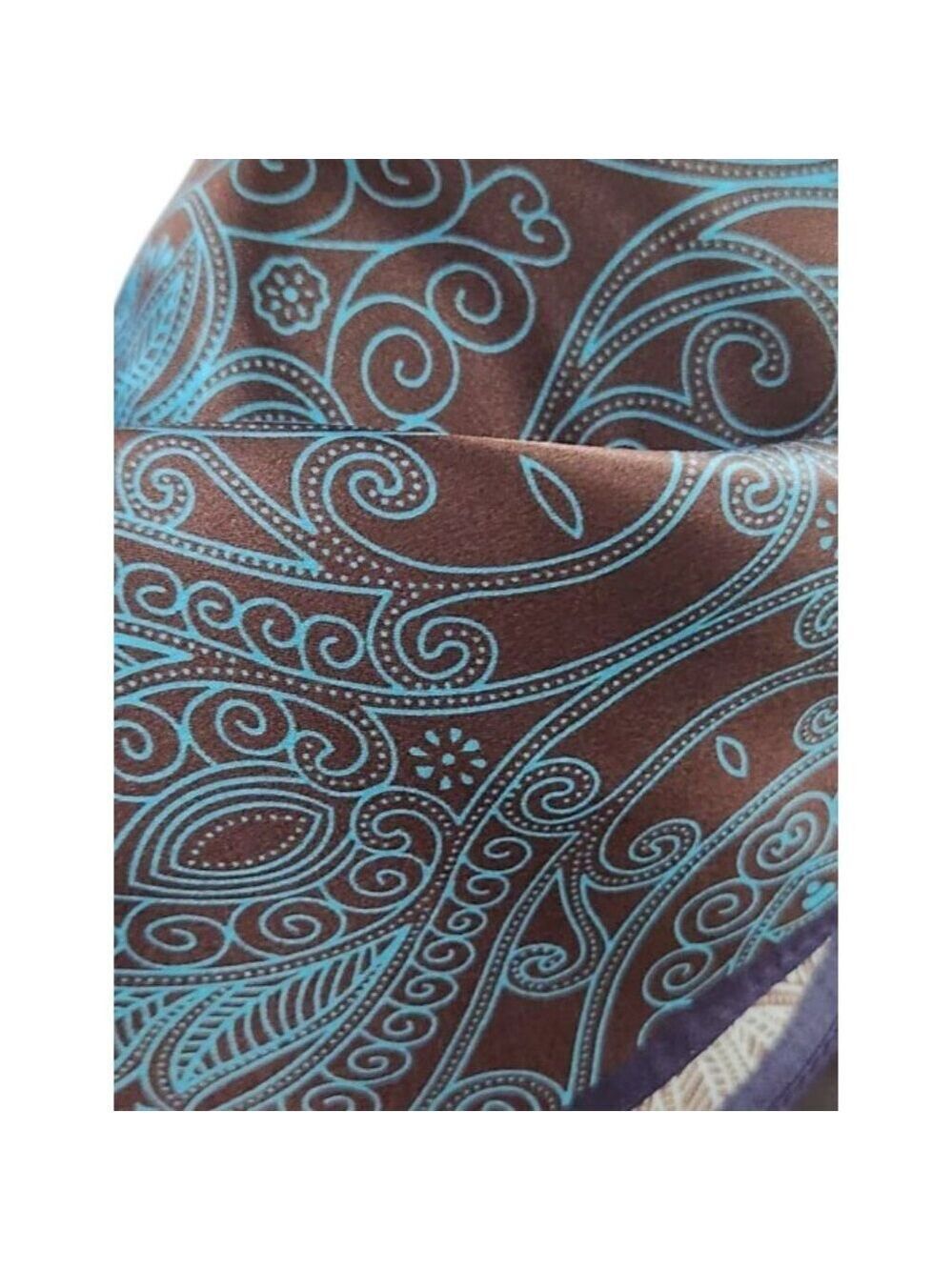 Silk Square Scarf Brown & Turquoise Paisley Design 20"x20" Elegant Soft Handkerc - Picture 9 of 12